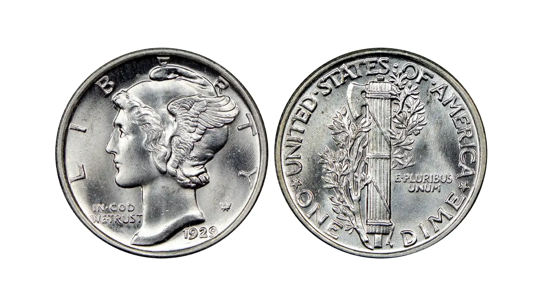 1929 Mercury dime obverse and reverse showing Liberty portrait and fasces design