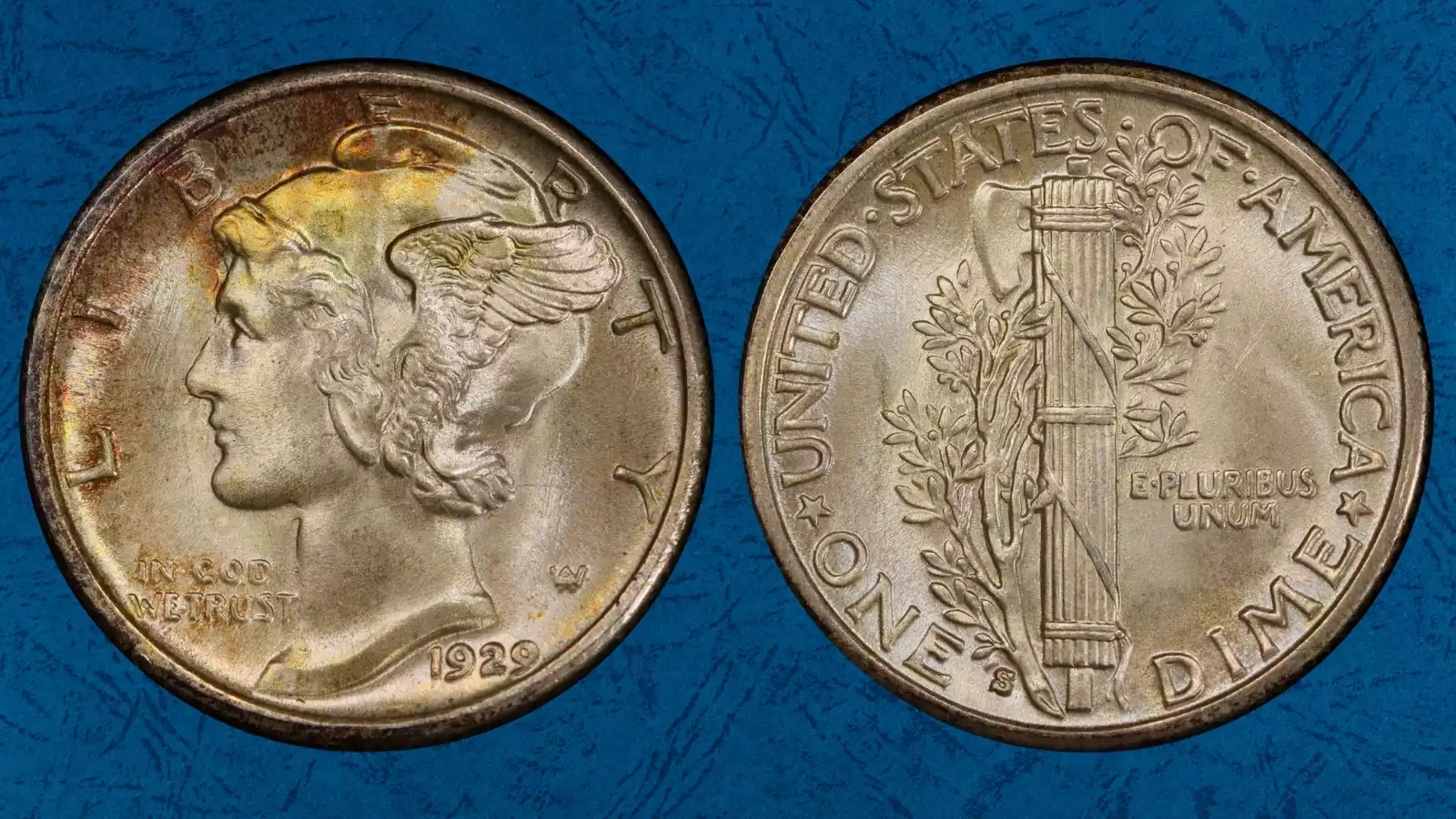 Side-by-side comparison of 1929 Mercury dime reverse showing no Full Bands versus Full Bands designation on the fasces