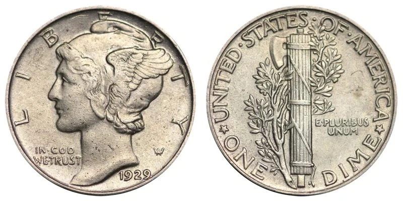 Group of 1929 Mercury dimes from Philadelphia, Denver, and San Francisco mints showing all three mint marks
