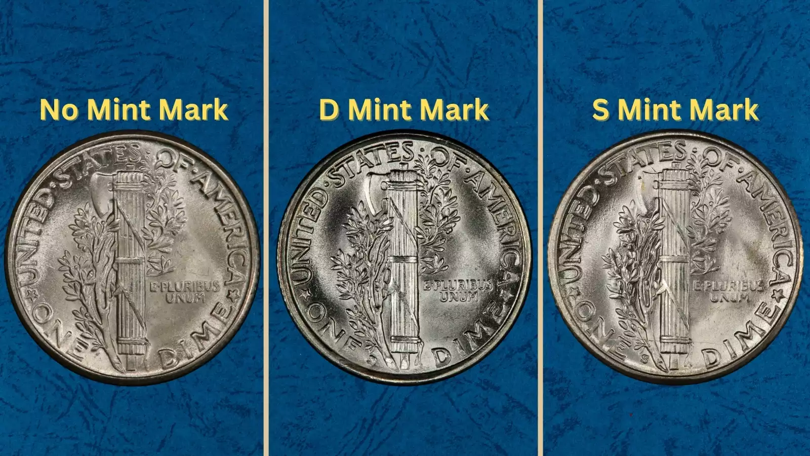 Grading strip showing four 1929 Mercury dimes in four condition tiers from worn to gem uncirculated